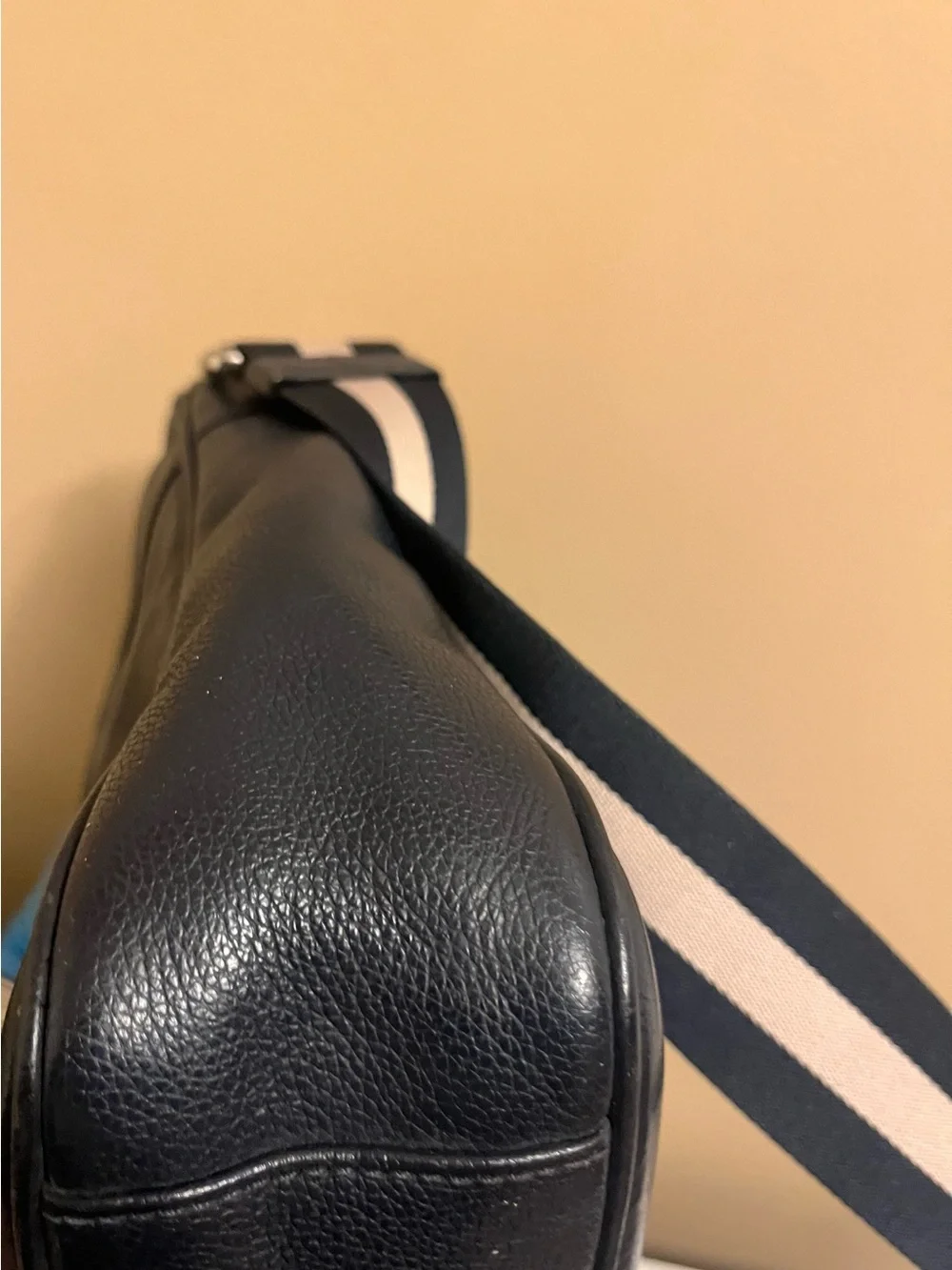 Men's Dark Navy Leather Crossbody Bag with Striped Strap